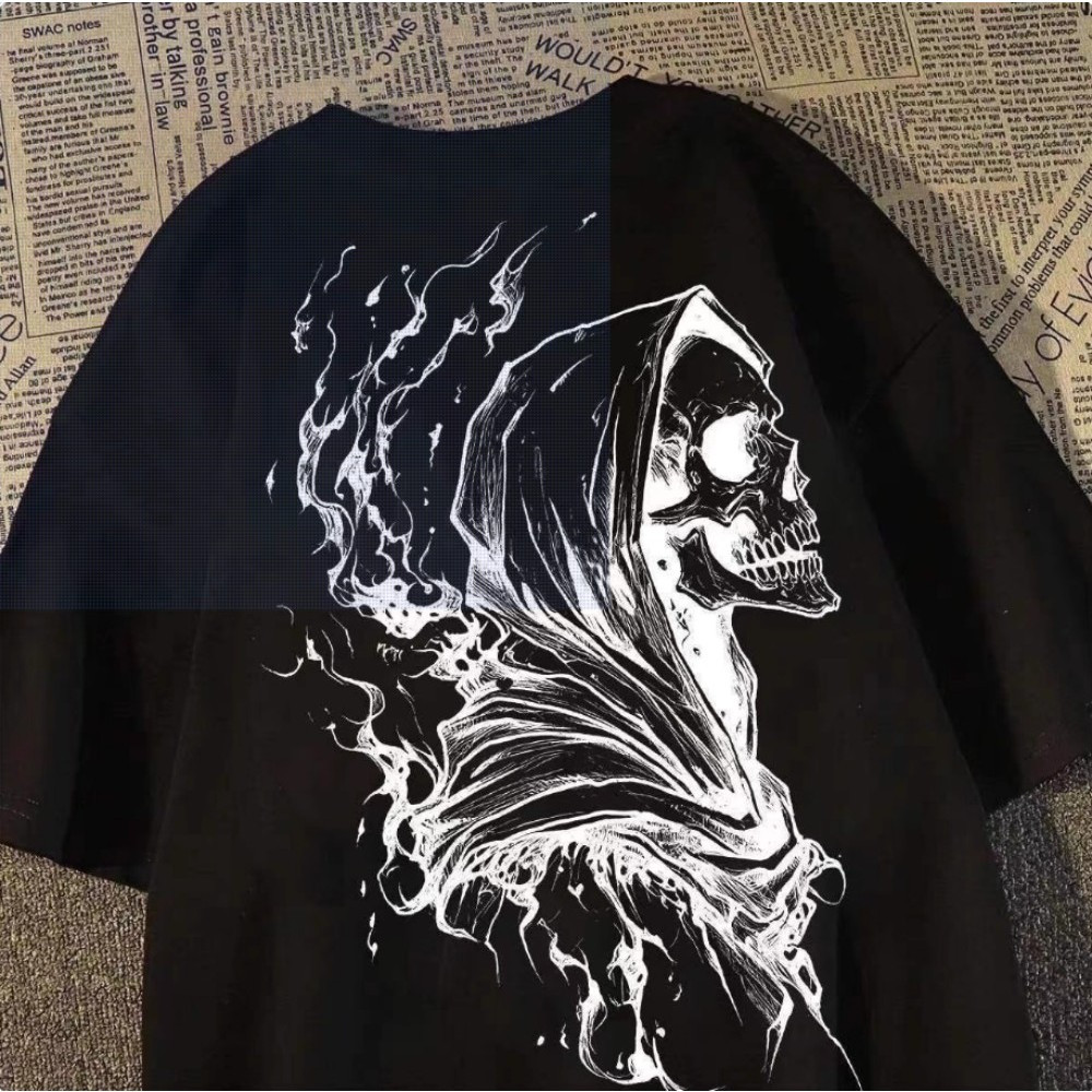 [Camiseta Premium em Algodão Puro]GXG estilo street-blasting moderno coreano estampa de caveira solta mangas curtas