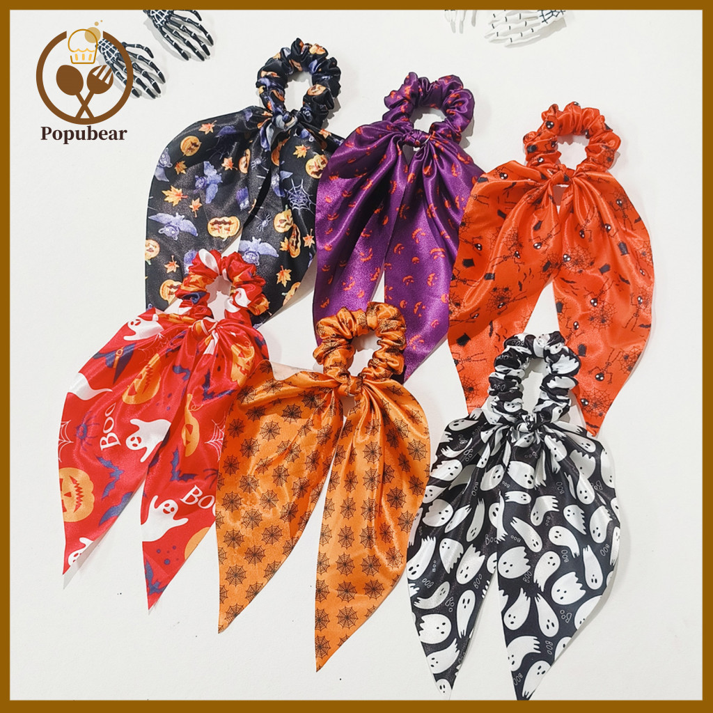 Reusable Soft Hair Ties Durable Scrunchies Halloween for Women Girls – Spooky Spider Web Skeleton Bat Pumpkin Designs