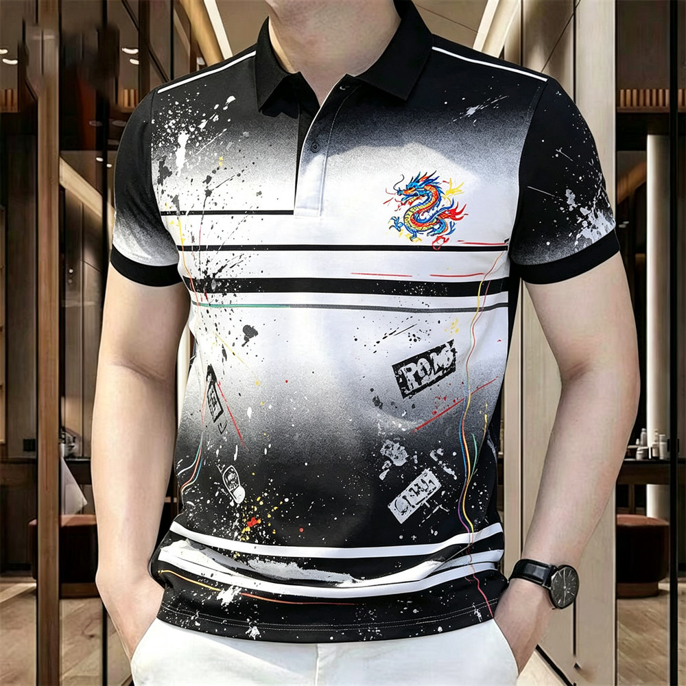 Camisa Polo Masculina De Manga Curta , Estampa De Dragão Místico , Gradiente De Fumaça Splatter Graffiti Arte Moda Lapel