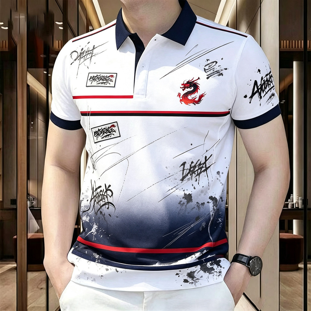 Camisa Polo Masculina De Manga Curta , Estampa De Dragão Místico , Gradiente De Fumaça Splatter Graffiti Arte Moda Lapel