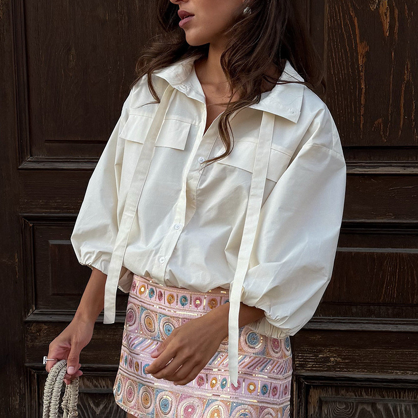 Roupas De Trabalho Francesas Femininas Cortadas , Camisa De Manga Sete Quartos De Algodão Puro , Mangas Lanterna , Lapel