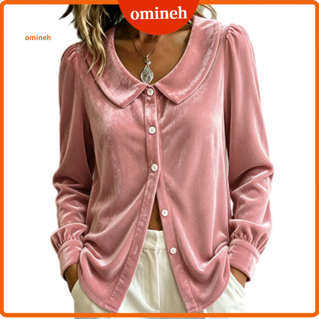 Skin Blouses Slim Fit Top Women’s Fall Winter Velvet Shirt Soft Long Sleeve Button-down Blouse with Lapel Collar Regul