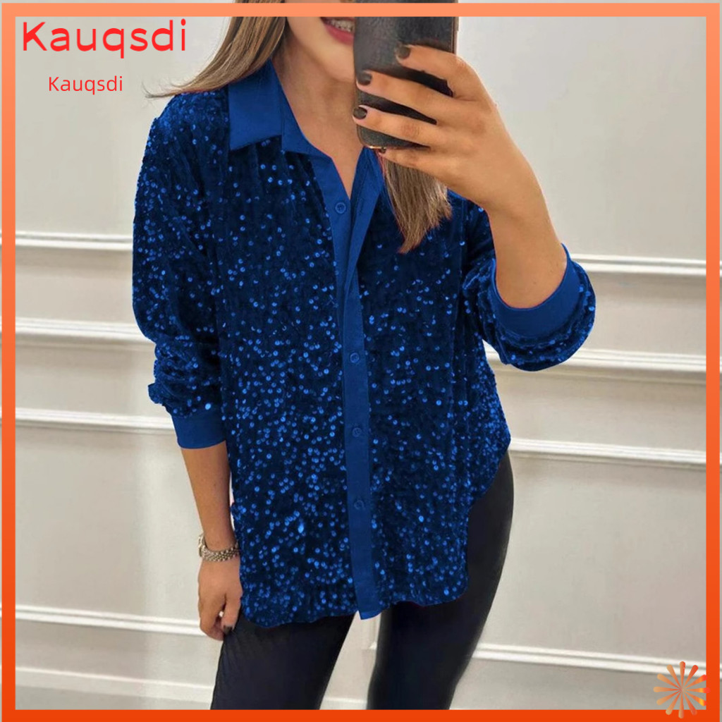 Sequin Embellished Shirt Women Lapel Women’s Sparkling Collar Long Sleeve Blouse Single Breasted Party Top Shiny Stage
