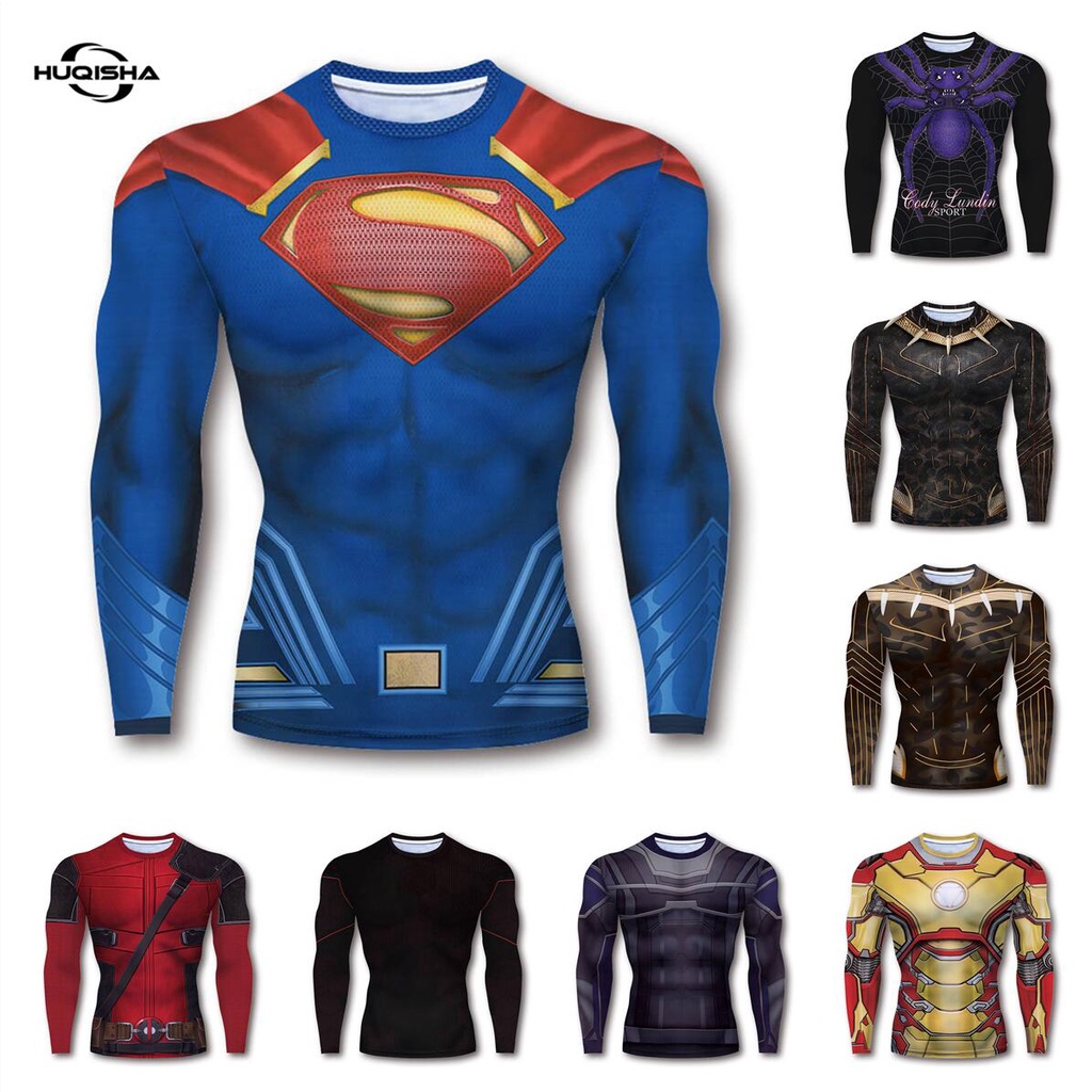 Superman/Deadpool Mens GYM Wear Camisa De Compressão Roupas Calças Justas De Manga Comprida Esportes Camiseta Longa De S