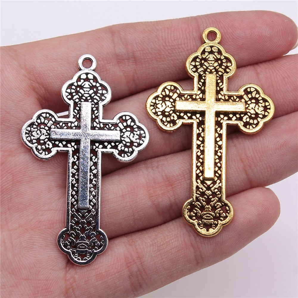 3 Pcs 54x33mm Religioso Cruz Pingente Orthodox Encantos Antigo Cor Prata Ouro Charme