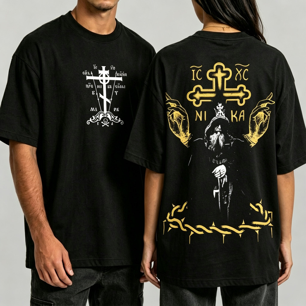 「Algodão Premium Unissex」Soul Tee Camiseta Orthodox Cross Religious Print Front Back Alta Qualidade confortável elegante