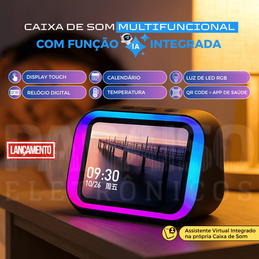 Caixa de Som IA 20W Bluetooth Display Touch Portátil LED Potente com Tela e Relógio