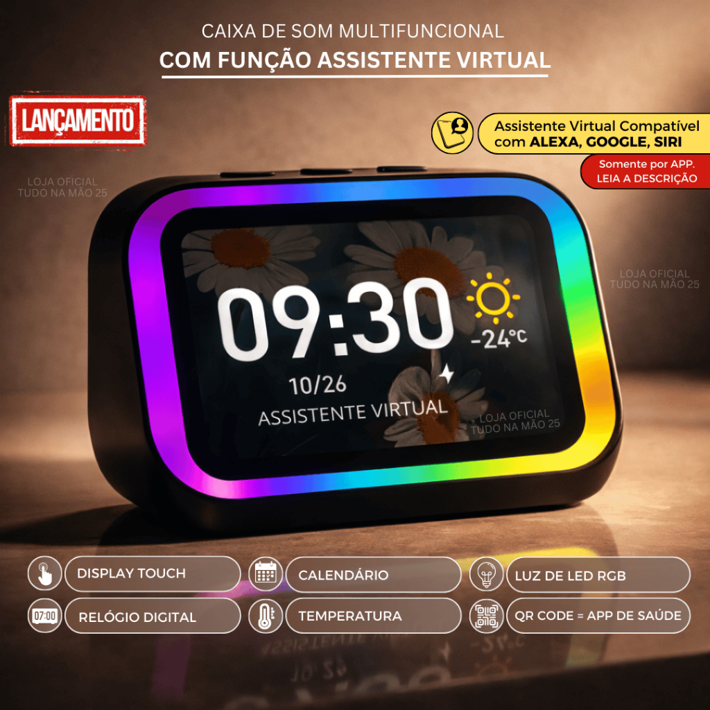 [LANÇAMENTO] ASSISTENTE VIRTUAL e CAIXA DE SOM COMANDO DE VOZ COM TELA E RELÓGIO Bluetooth Portátil