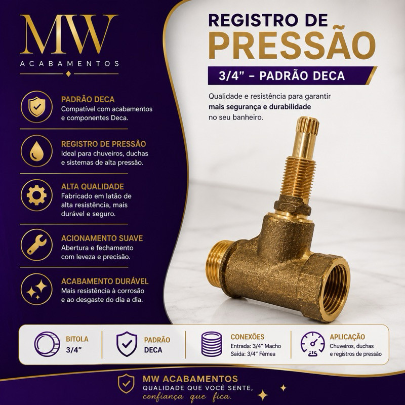 Registro de Pressão 3/4 - Metal Cano 25mm Padrão Deca 16 Estrias