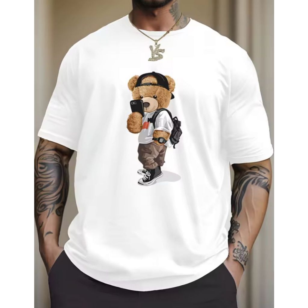 Camiseta Camisa Algodão Estampa de Urso Selfie Vintage Streetwear Blusa Algodão