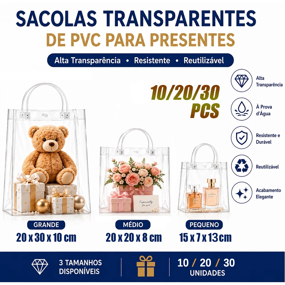 10/20/30 Clear PVC Gift Bags with Reusable Handles for Valentine's Day, June Festival, Birthday