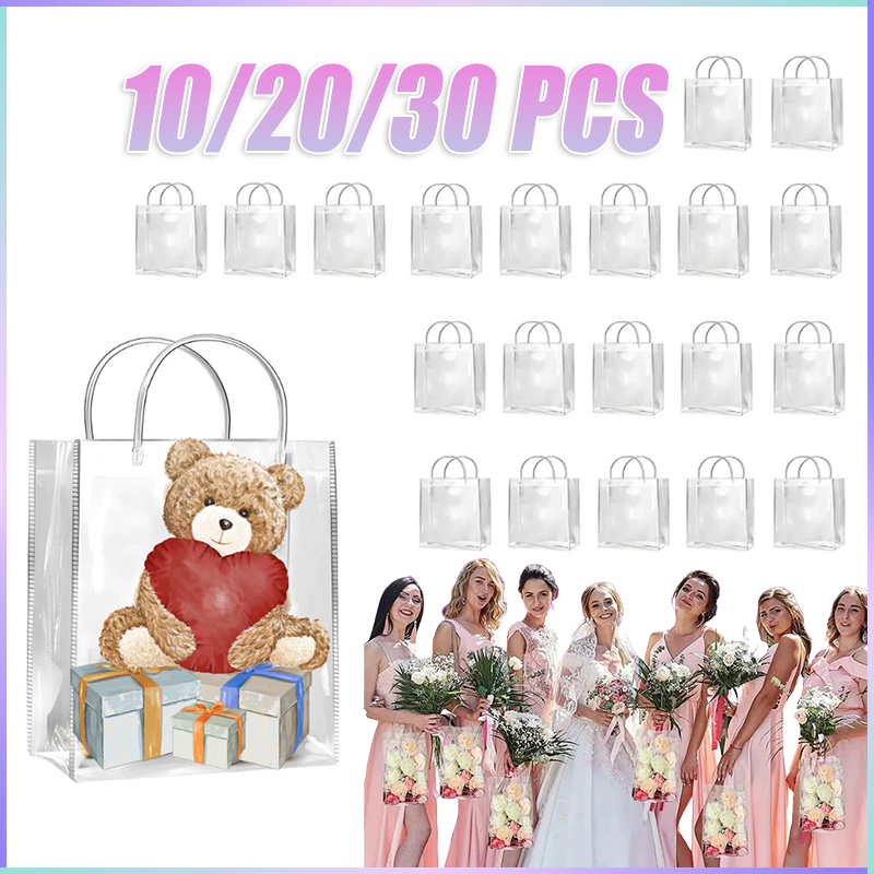 30/20/10 PCS Transparent Gift Bags Reusable PVC Party Favors Sacolas de presente em diversos tamanhos, sacolas alças