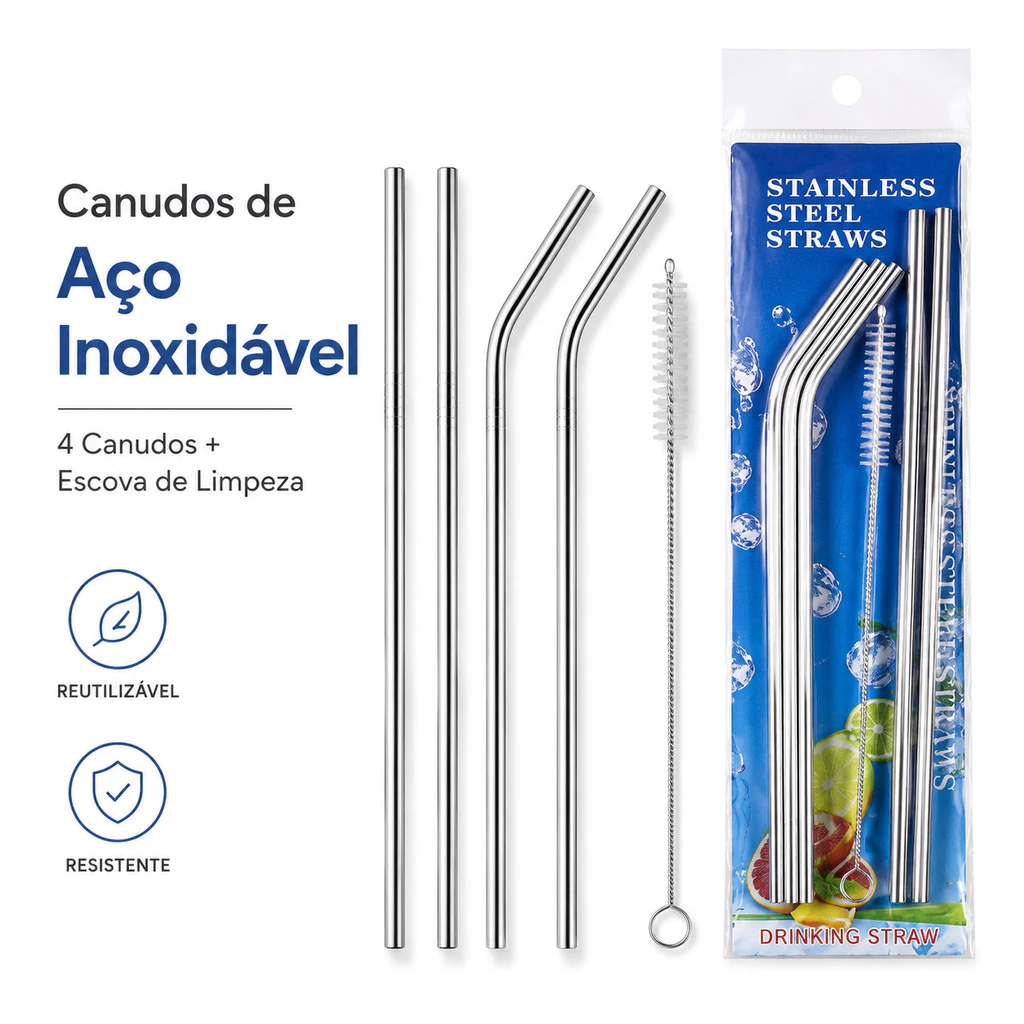 Kit of 4 Reusable Curved Stainless Steel Straws with Eco-Friendly Washable Cleaning Brush