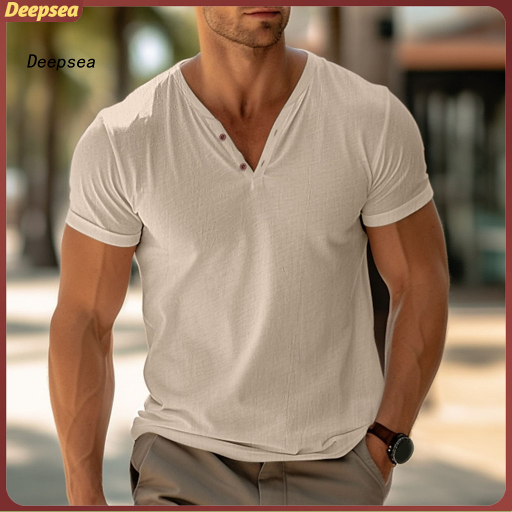 Men's Henry Collar Short Sleeve T-shirt Solid Color Summer Cotton Blend Casual Tee Lightweight Breathable Top for Daily