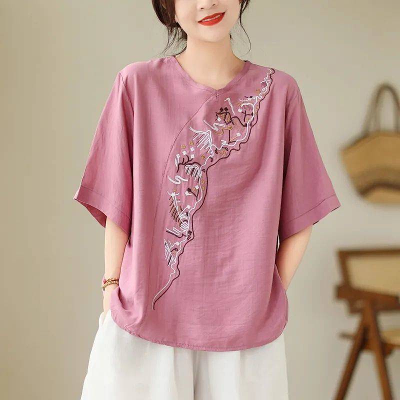 2026 Embroidered Top Solid Color Summer Wear National Style Large Size Loose Breathable Cotton and Linen xWCN