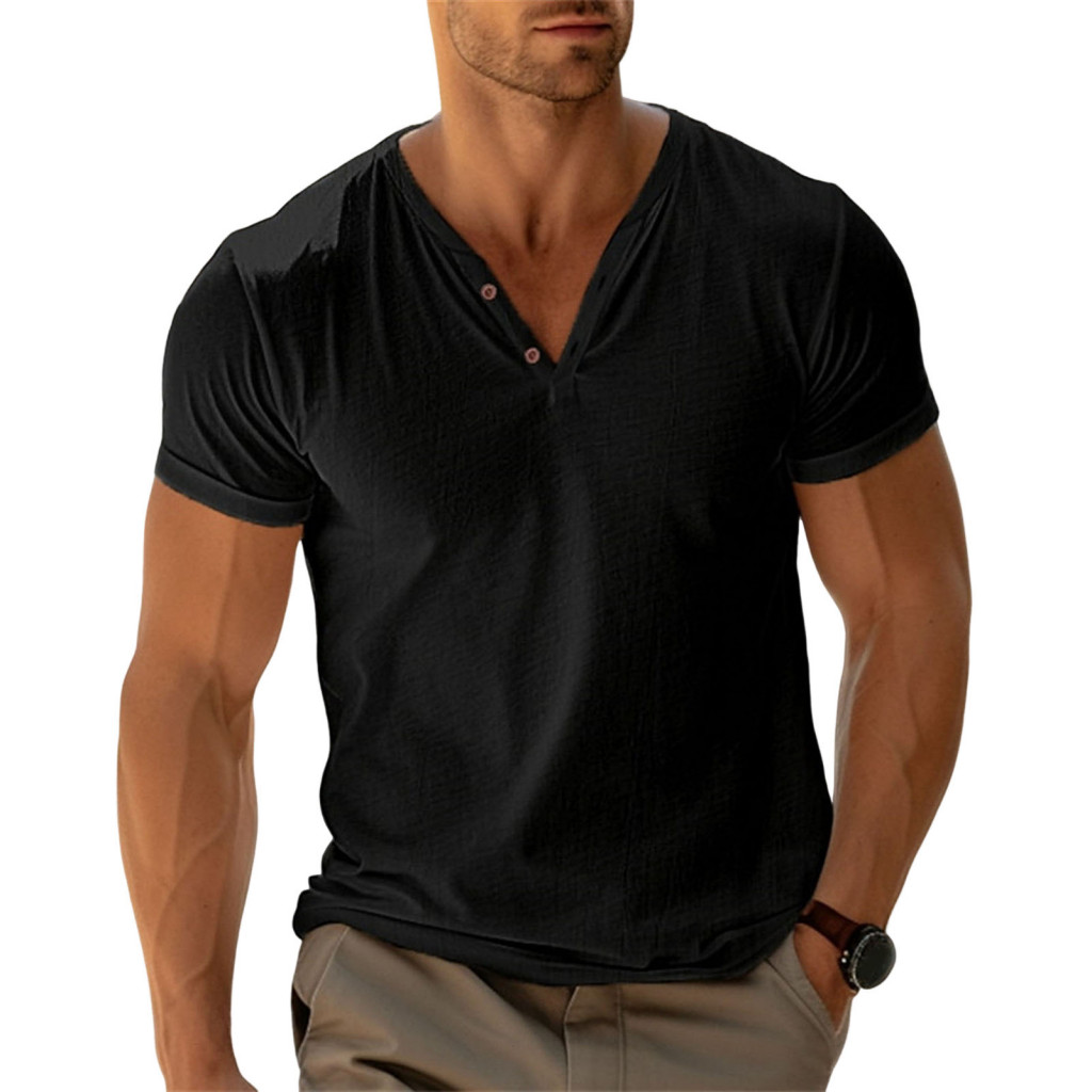 Short-sleeve Men Tee Stylish T-shirt Men's Henry Collar Short Sleeve Solid Color Summer Cotton Blend Casual Lightweight