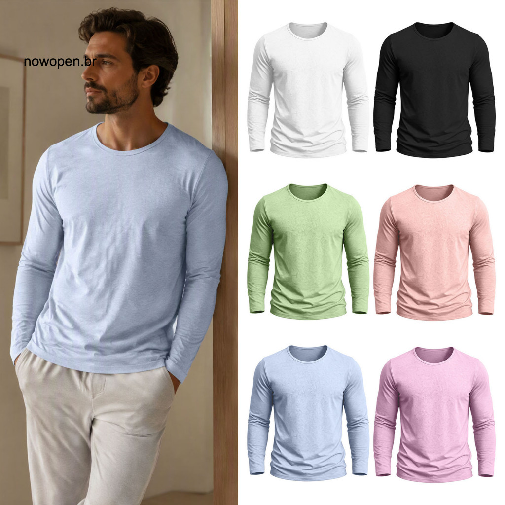 Breathable Soft Base Layer Cotton Linen T-shirts for Men Men's Long Sleeve Shirt Solid Color Crewneck Lightweight Casual