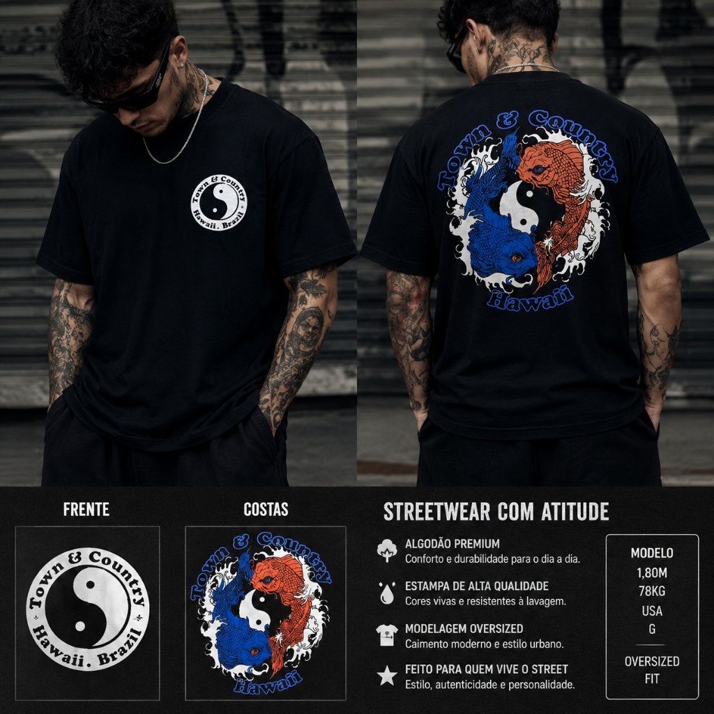 Camiseta Bola Coman (YIN YANG CARPA) Skatista Camisa Tony Country Promoção Blusa 100% Algodão