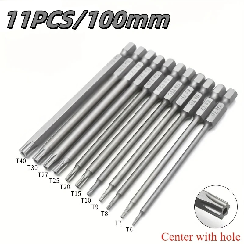 11PCS 100MM Bits de Segurança Flor de Ameixa Torx Cabeça Chata 1/4