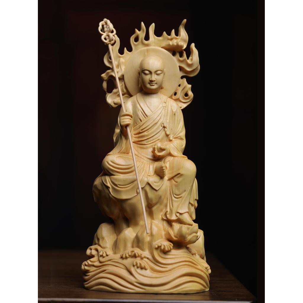 Autêntico pequena folha buxo escultura chama Ksitigarbha estátua ornamentos templo adoração deus estátua decorações para