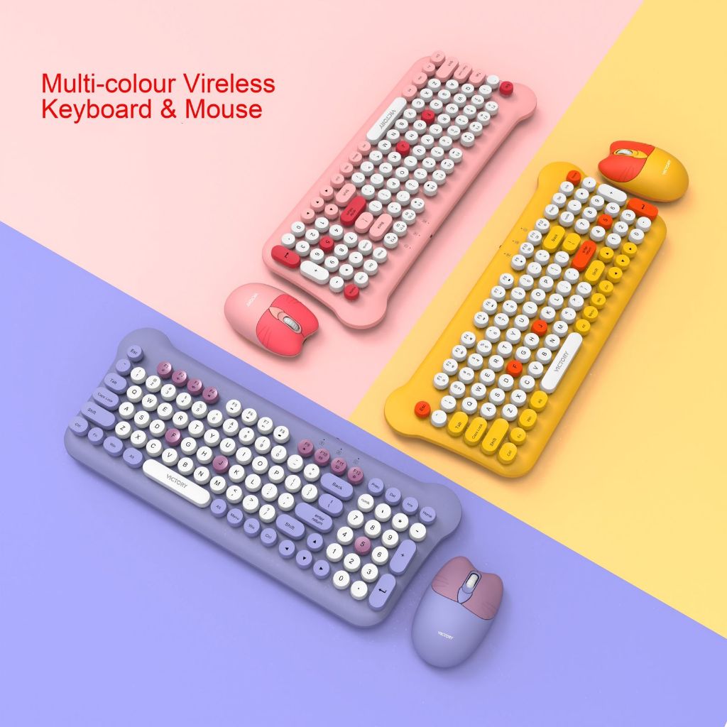 Teclado E Mouse  Wireless Estilo Retrô Colorido Portátil USB Rosa Lilas Amarelo Vt-212