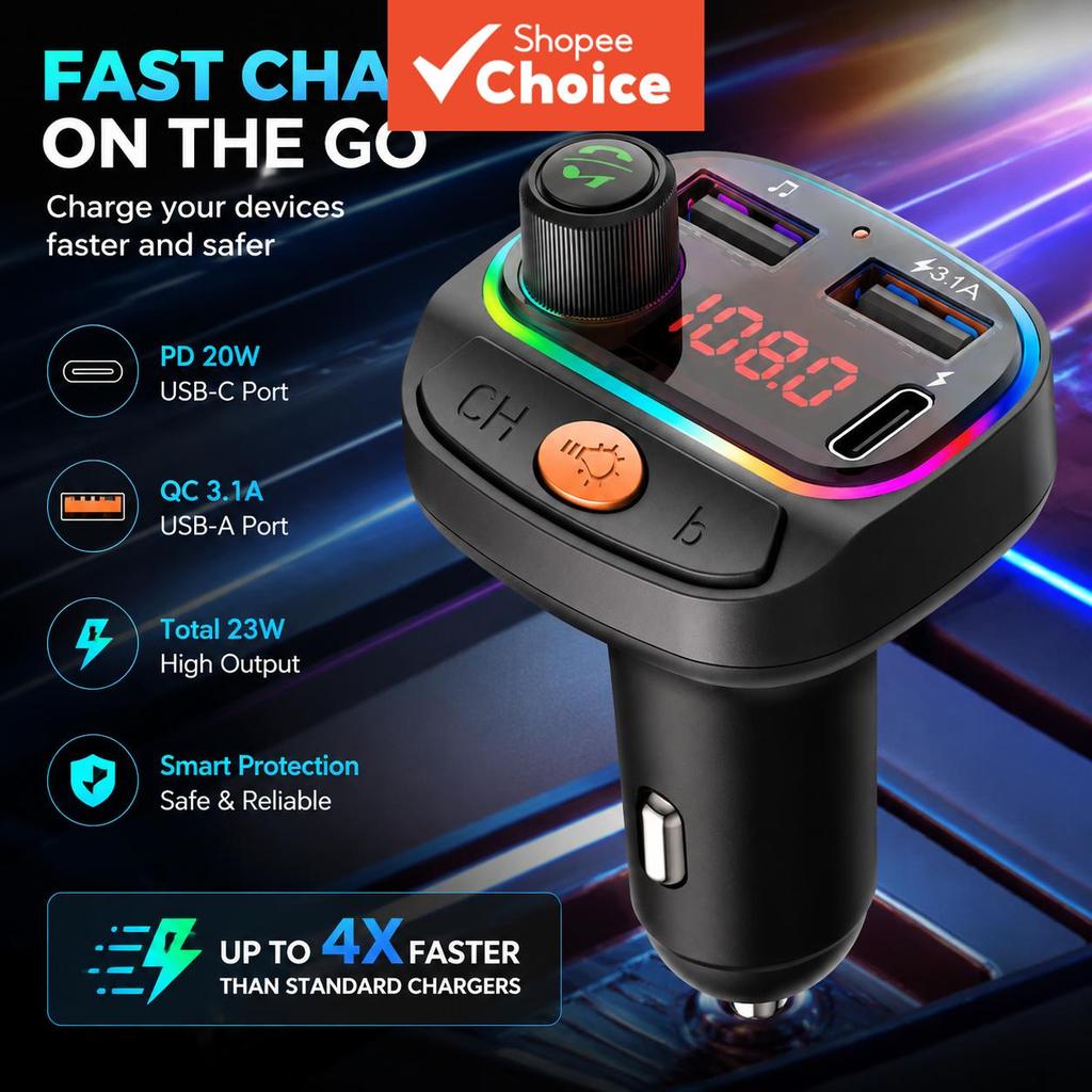 Carregador Rápido 3.1A ‐ USB PD Car Bluetooth 5.0 FM Transmissor MP3-Player TF Card Slot Auto Electronics Handsfree
