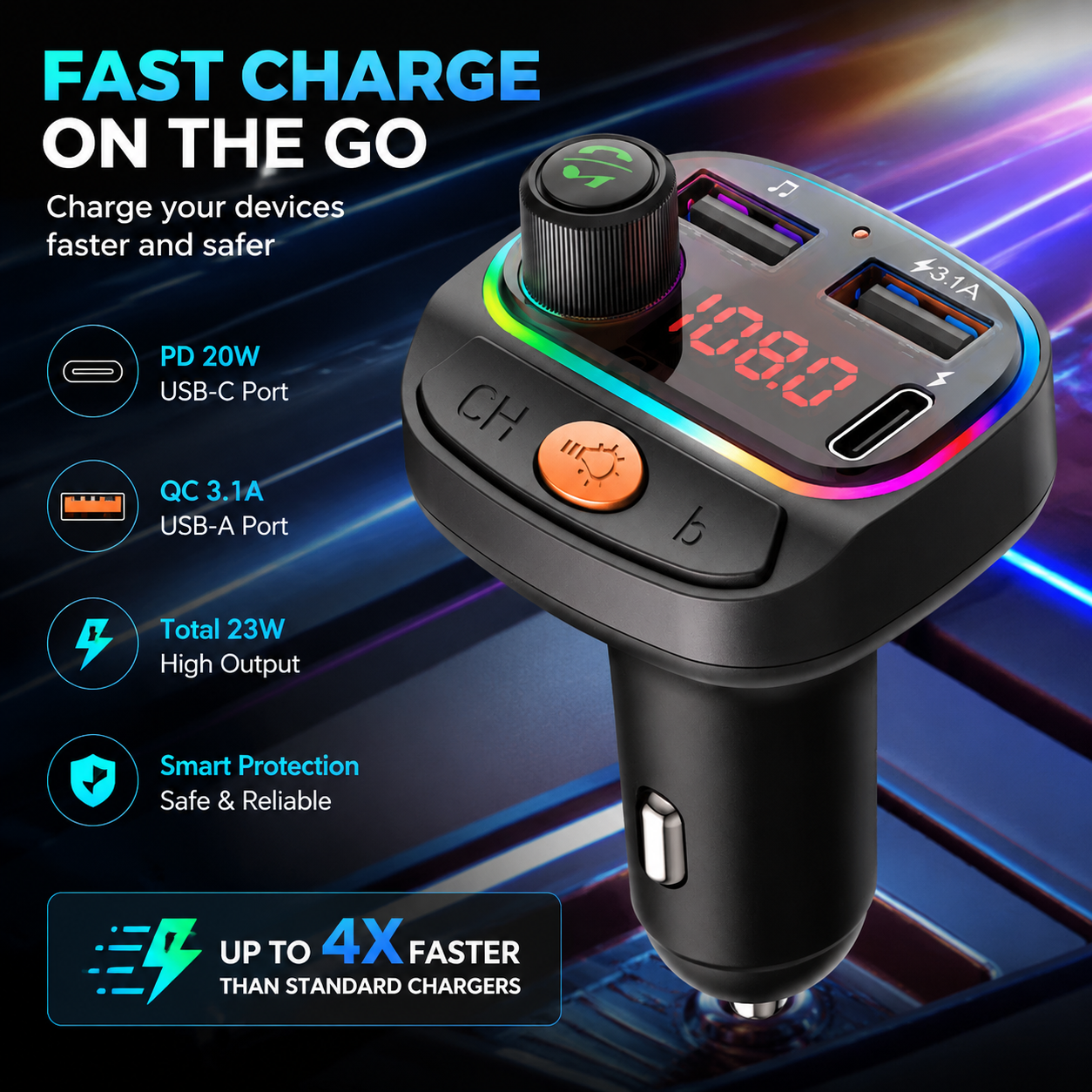 Carregador Rápido 3.1A ‐ USB PD Car Bluetooth 5.0 FM Transmissor MP3-Player TF Card Slot Auto Electronics Handsfree