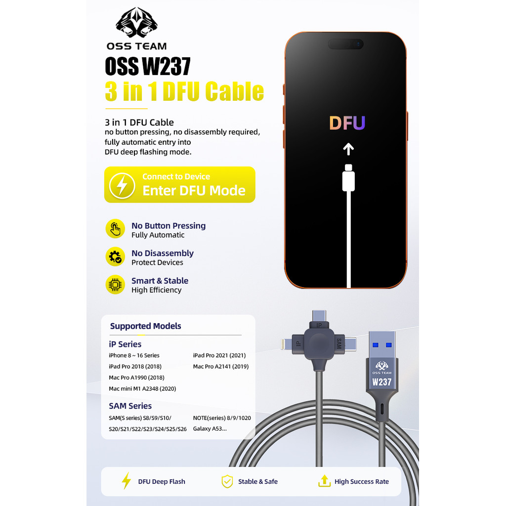 OSS TEAM W237 Cabo De Reparo Automático 3 Em 1 Modo De Download DFU De Entrada Automática Para iPhone 8-16 iPad Mac Sams
