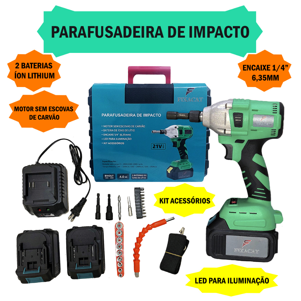 Parafusadeira De Impacto KIT COMPLETO 2 Baterias Íon Lithium 21V Bivolt 1ª Linha + Garantia