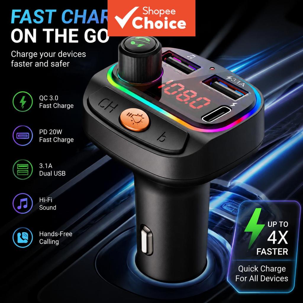 Bluetooth 5.0 Transmissor FM Handsfree Car Radio Modulador MP3 Player Carregador Rápido