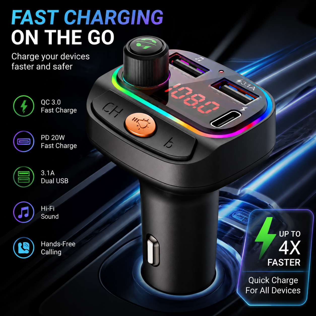 Bluetooth 5.0 Transmissor FM Handsfree Car Radio Modulador MP3 Player Carregador Rápido