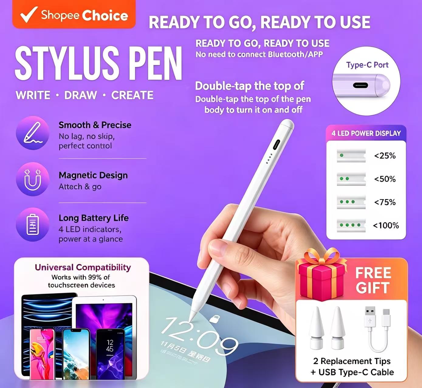 Nova Caneta Stylus Universal 2 em 1, Atualizada, para iOS iPad iPhone Android e Tablets, Caneta de Escrita para Tela