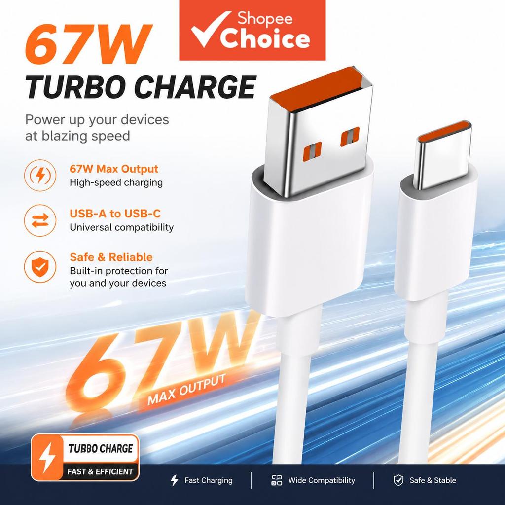 Cabo USB 67W para Tipo C, Carregamento Super Rápido para iPhone 15 16, Xiaomi, Samsung, Huawei, Honor, Cabo de Dados de