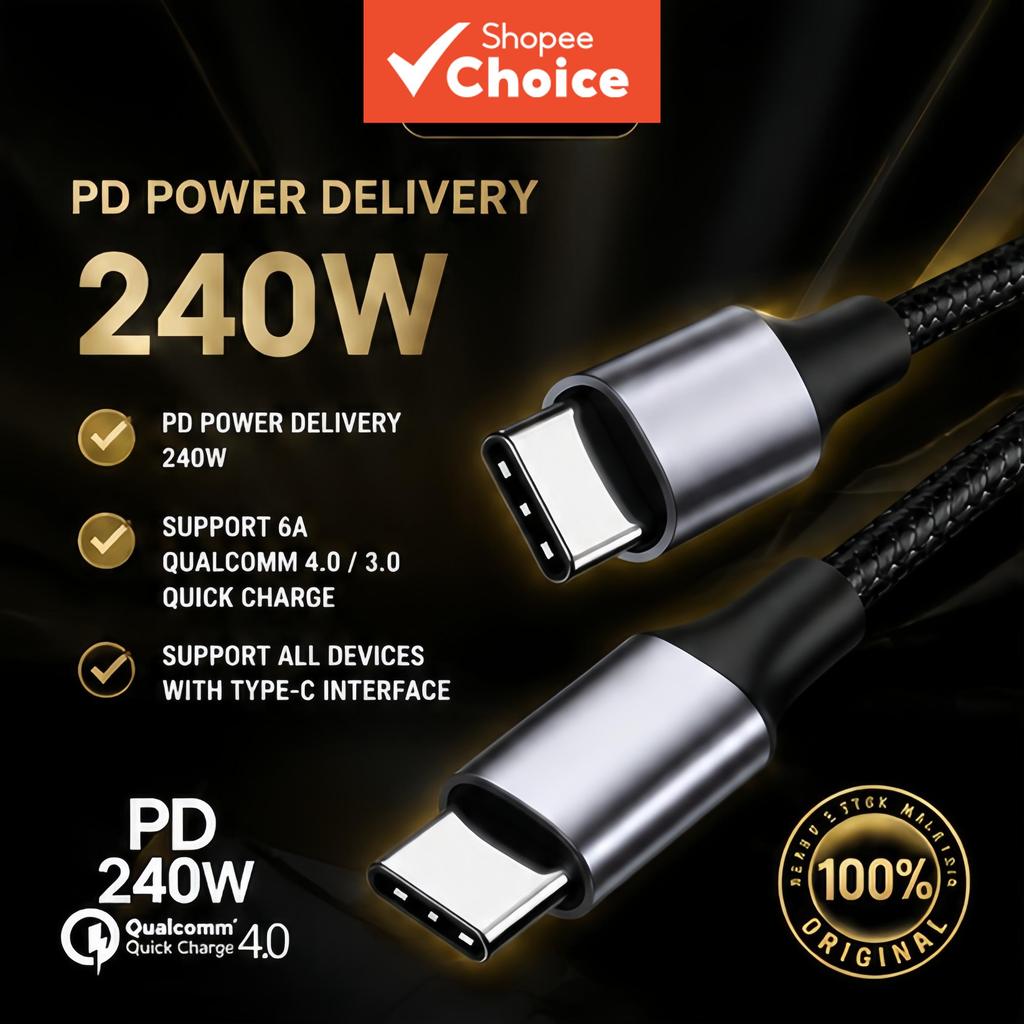 Cabo trançado USB-C para USB-C compacto de 240W 6A, carregamento rápido para iPhone, Samsung, Xiaomi e Huawei