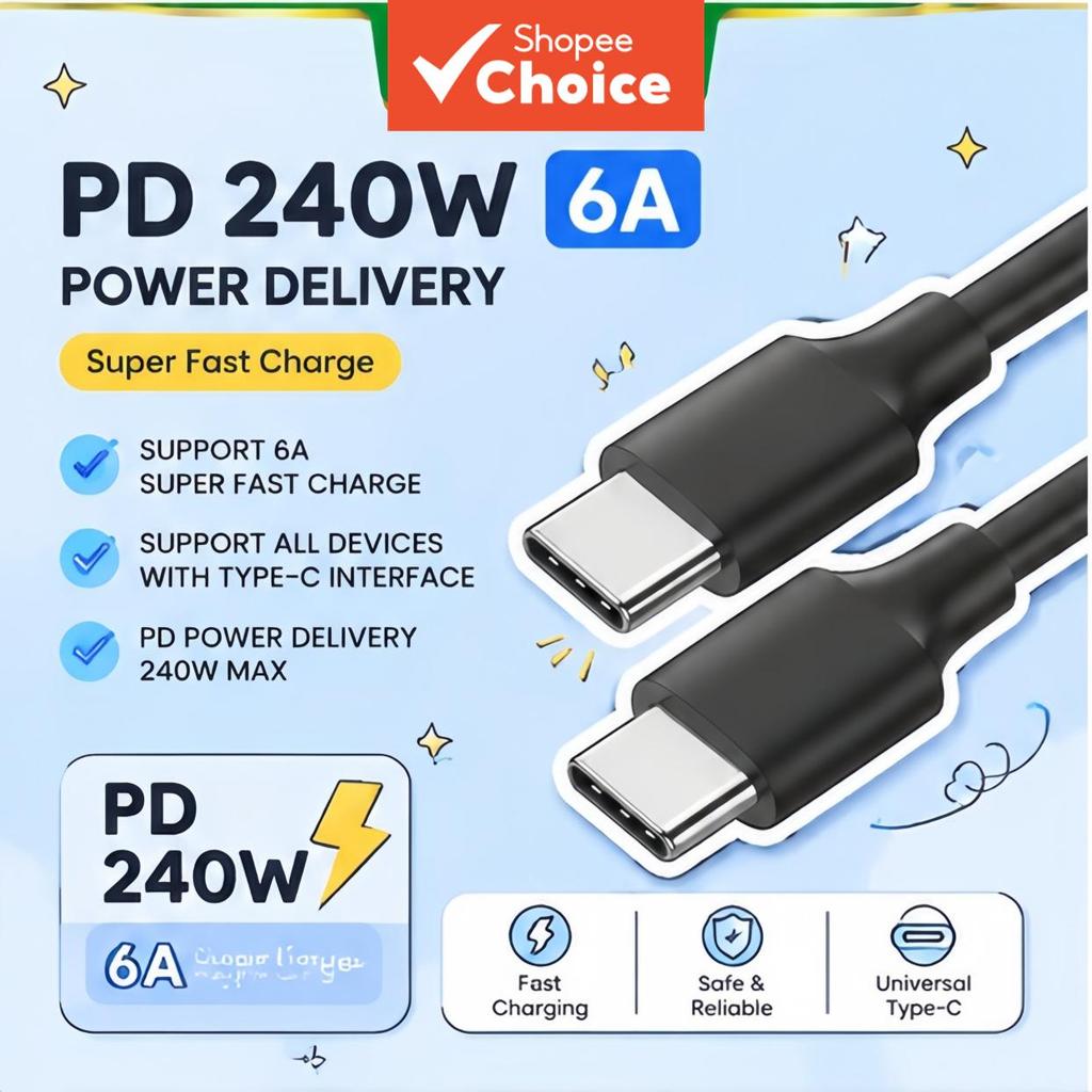 Cabo 6A Ultra Rápido 240W Tipo C Carregador PD para Samsung, iPhone, Xiaomi, Huawei e Dispositivos Android