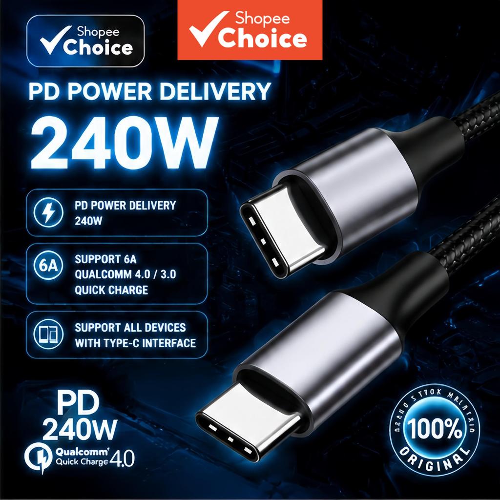 Cabo de Jogo de Carregamento Rápido USB-C 240W 6A com Design Metálico compatível com iPhone, Xiaomi, Huawei e Samsung