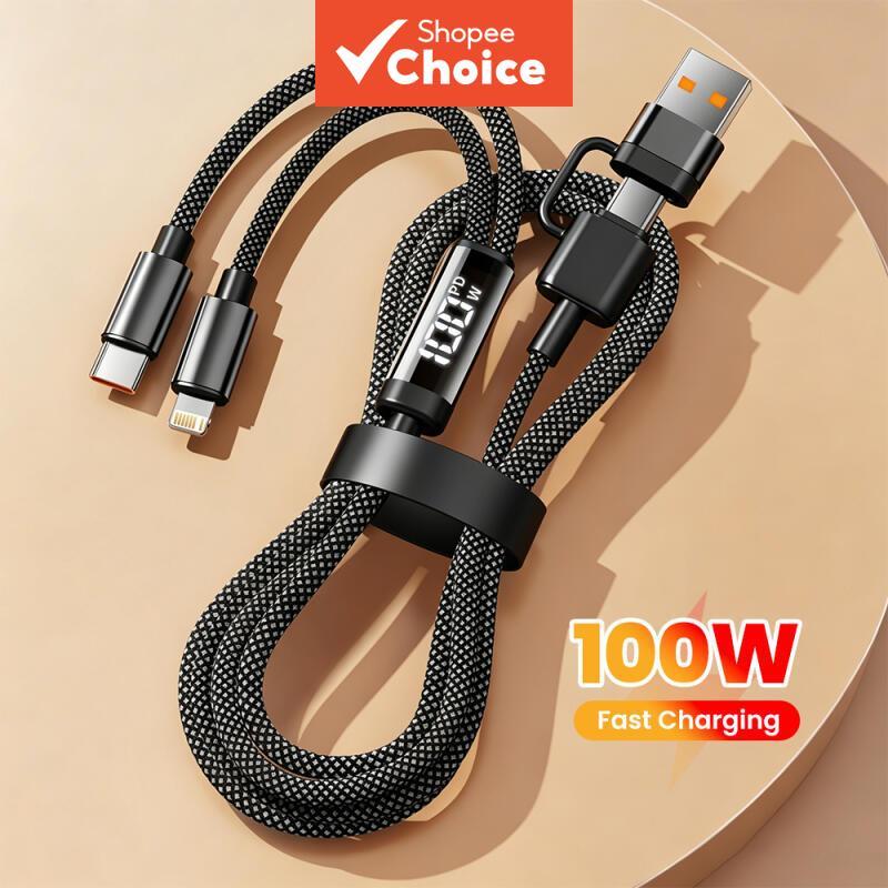 Cabo 4 em 1 100 W USB A+C para Tipo C+L, carregamento rápido com visor digital, para iPhone, Xiaomi, Huawei, Samsung,