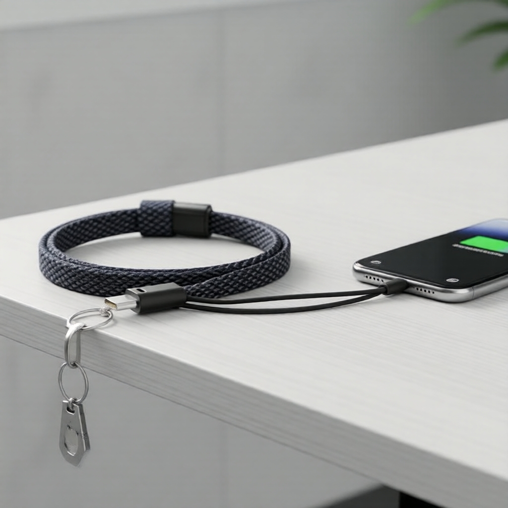 Chaveiro Cabo de Carregamento Rápido 60W USB-C para USB-C Trançado Compatível com iPhone, Xiaomi 27W e Huawei