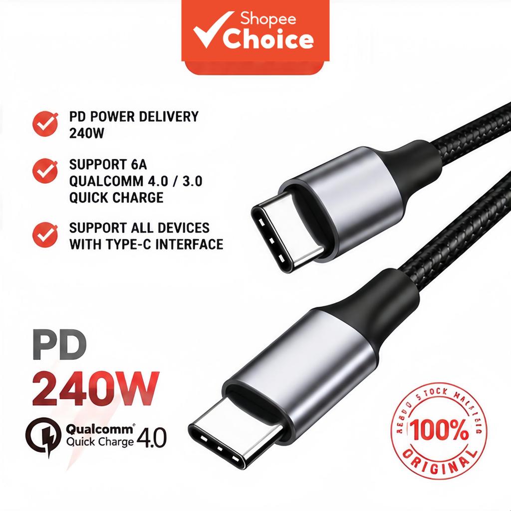 Cabo de Carga Rápida Tipo C 240W 6A PD com Construção Premium para iPhone, Xiaomi, Huawei, Samsung