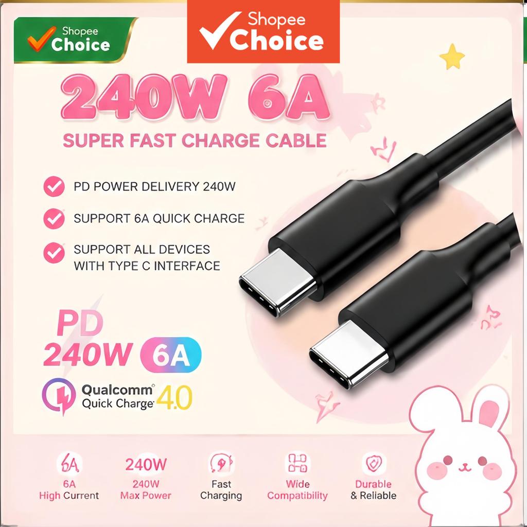 Cabo Tipo C 240 W 6 A design limpo e minimalista, carregador rápido PD para Samsung, iPhone, Xiaomi, Huawei