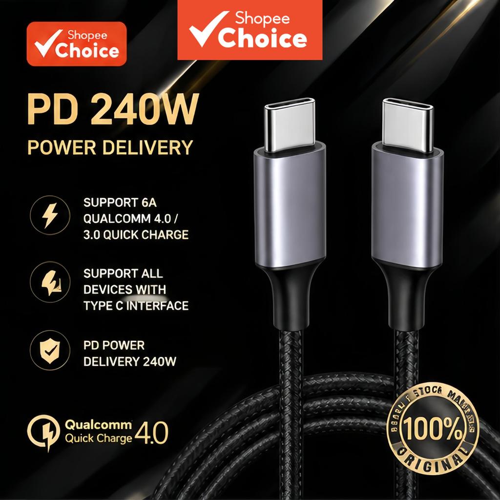 Cabo de Carga Rápida 240W USB C Ultra Rápido para iPhone, Xiaomi, Huawei, MacBook, Samsung com Conector Metálico