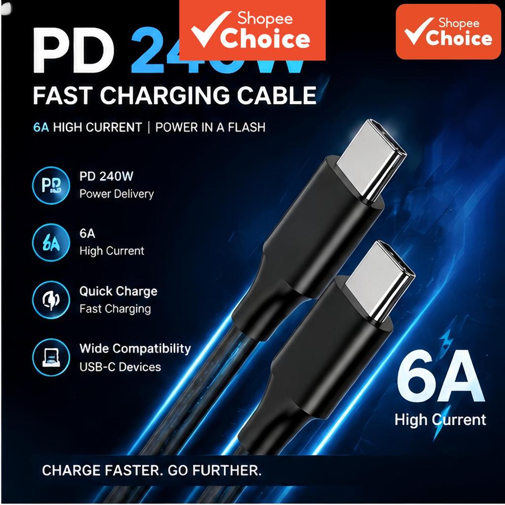 Cabo USB C Super Carregamento Rápido 240W 6A para Samsung, iPhone, Xiaomi, Huawei