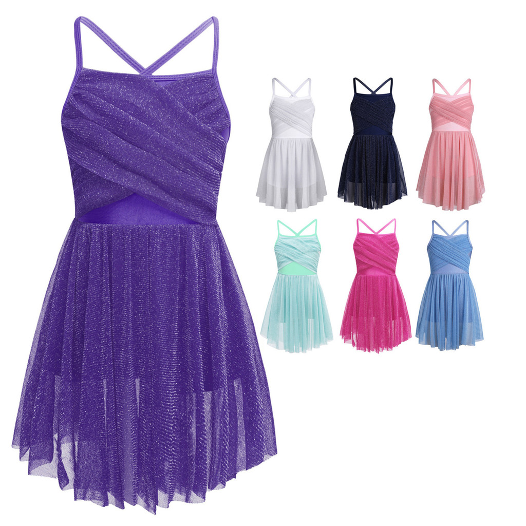 MSemis Kids Girls Glittery Mesh Spaghetti Shoulder Straps Ballet Latin Dance Gymnastics Leotard Dress