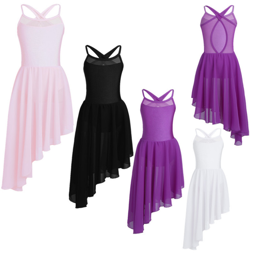 MSemis Kids Girls Mesh Splice Spaghetti Shoulder Straps Cutout Back Irregular Hem Ballet Dance Gymnastics Leotard Dress