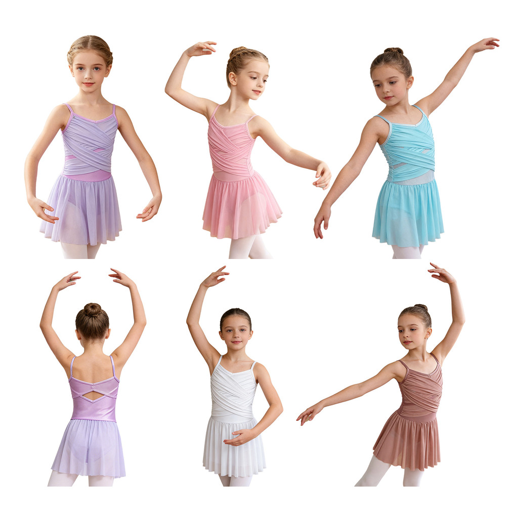 inhzoy Kids Girls Ballet Dance Dress Spaghetti Straps Cutout Back Cross Ruched Front Mesh Dress with Built-in Briefs