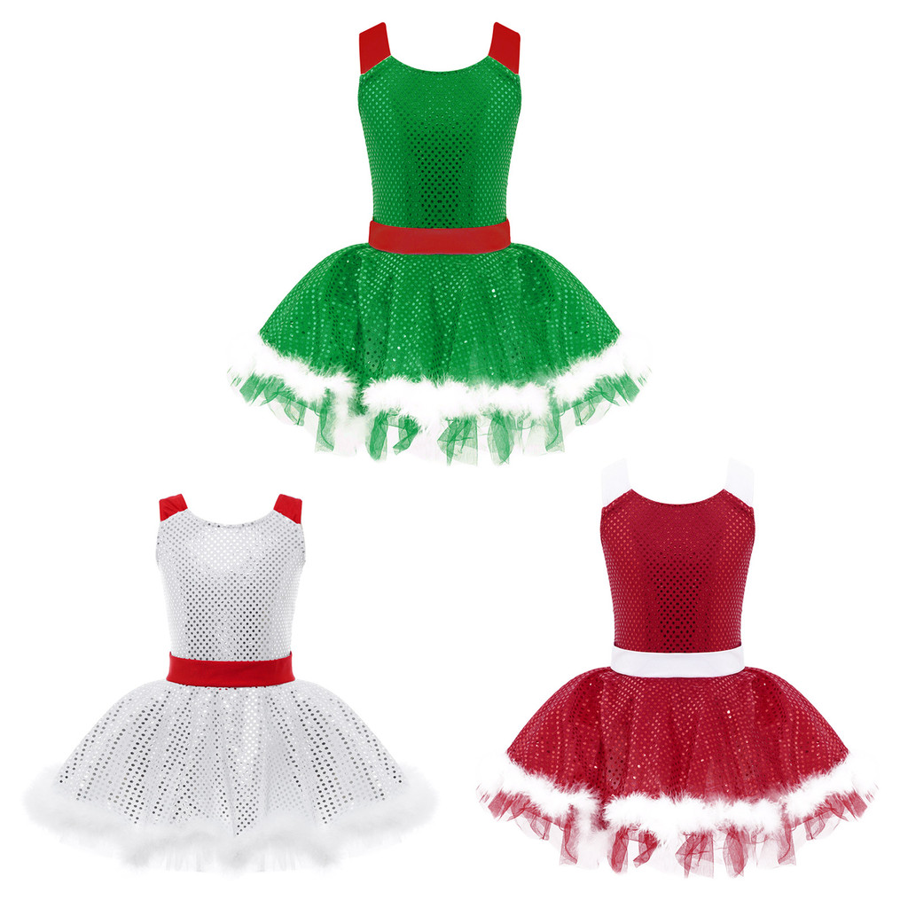 inhzoy Kids Girls Ballet Latin Dance Costume Cami Dress Sequins Faux Fur Adorned Dance Leotard