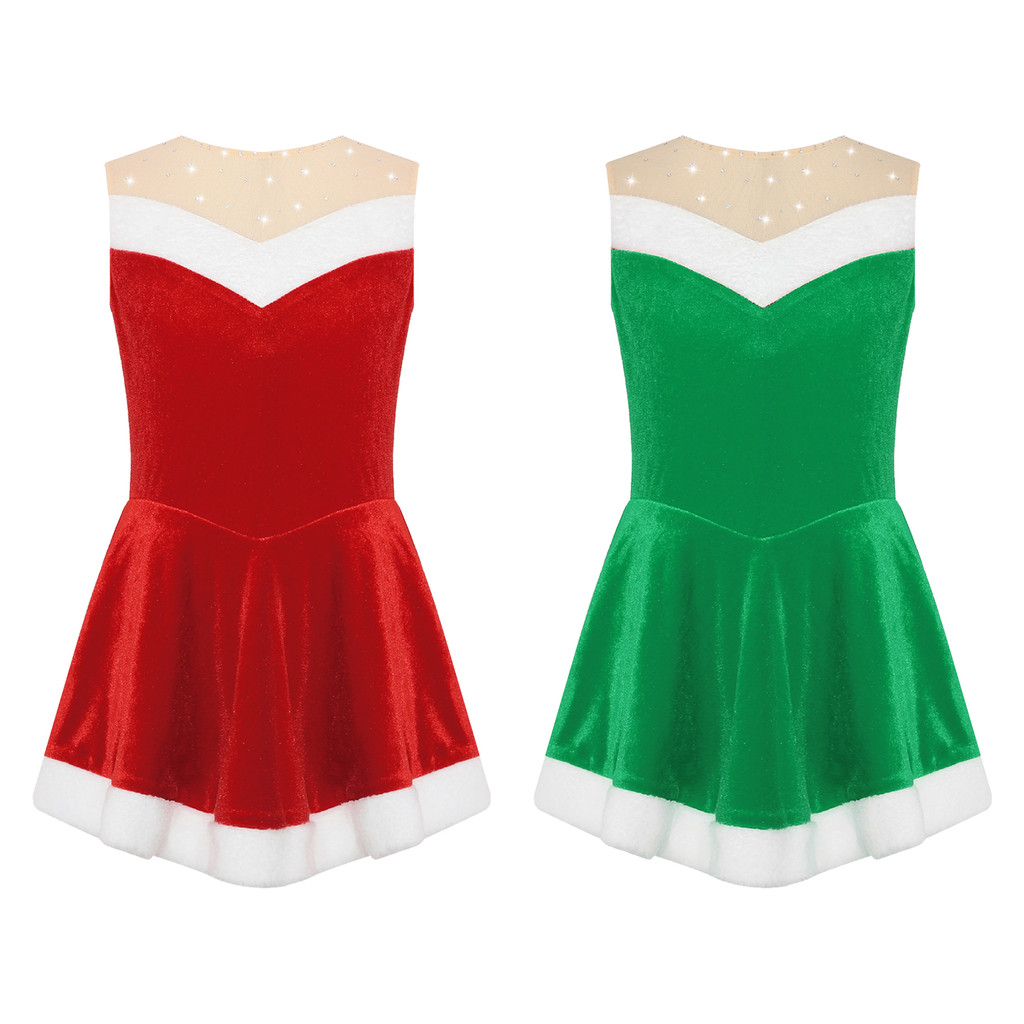 inhzoy Kids Girls Soft Flannel Christmas Santa Claus Costume Sleeveless Sequins Ballet Dance Dress Ice Skating Bodysuit