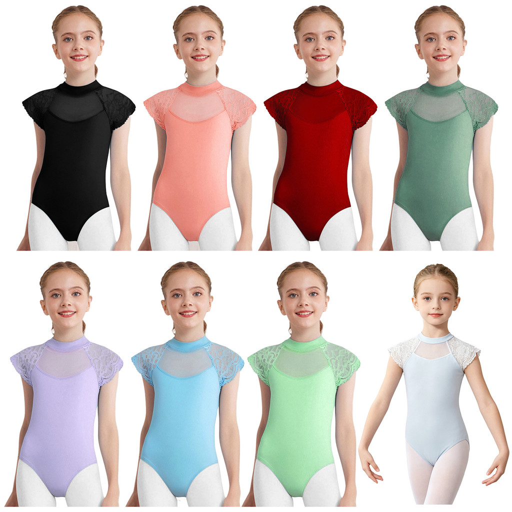 inhzoy Crianças Meninas Rendas Boné Mangas Dança Collant Pura Malha Retalhos Recorte Bodysuit Ballet Prática Exame Dance