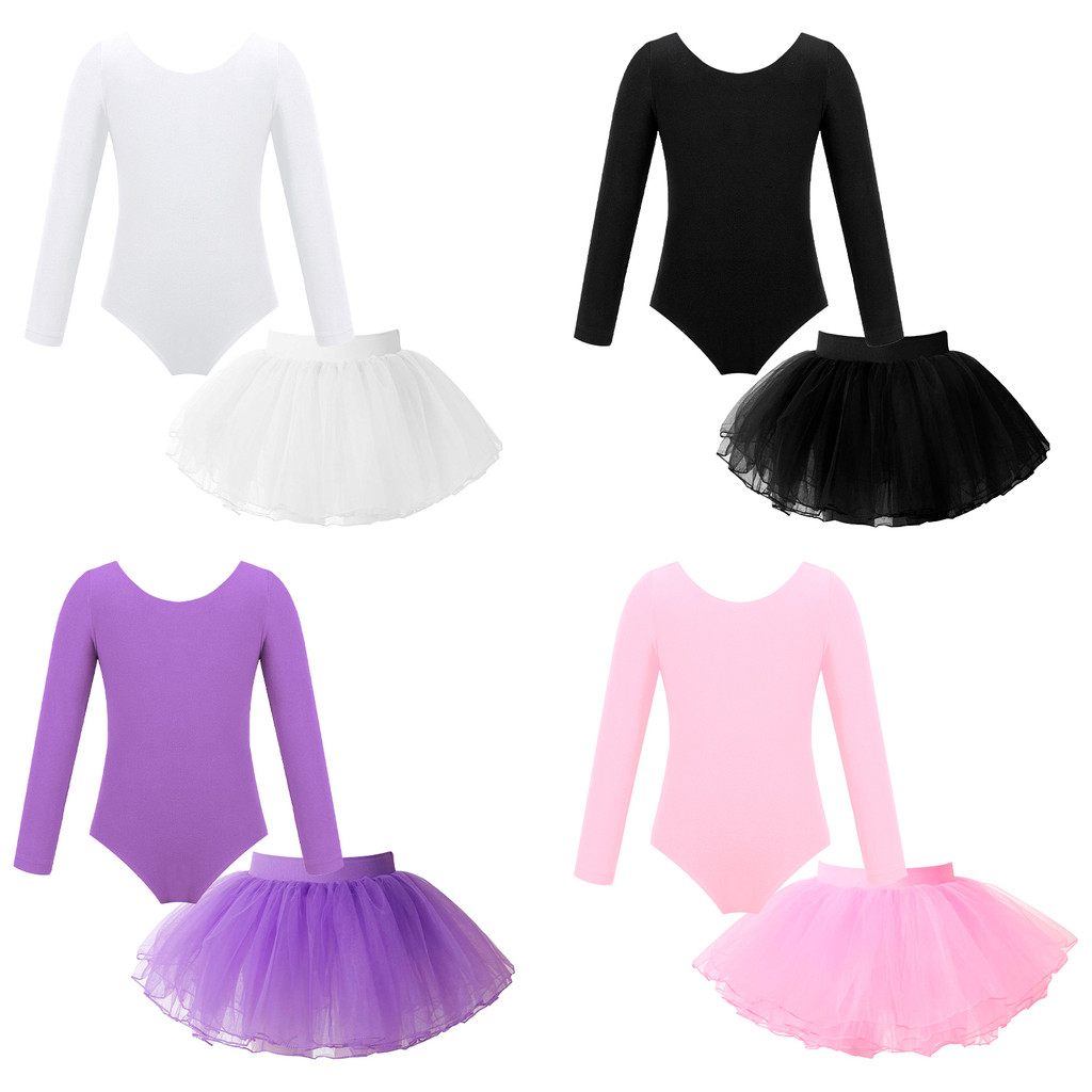 inhzoy Kids Girls Long Sleeve Round Neck Leotard with Elastic Waistband Tutu Layered Skirt for Ballet Dance Performance