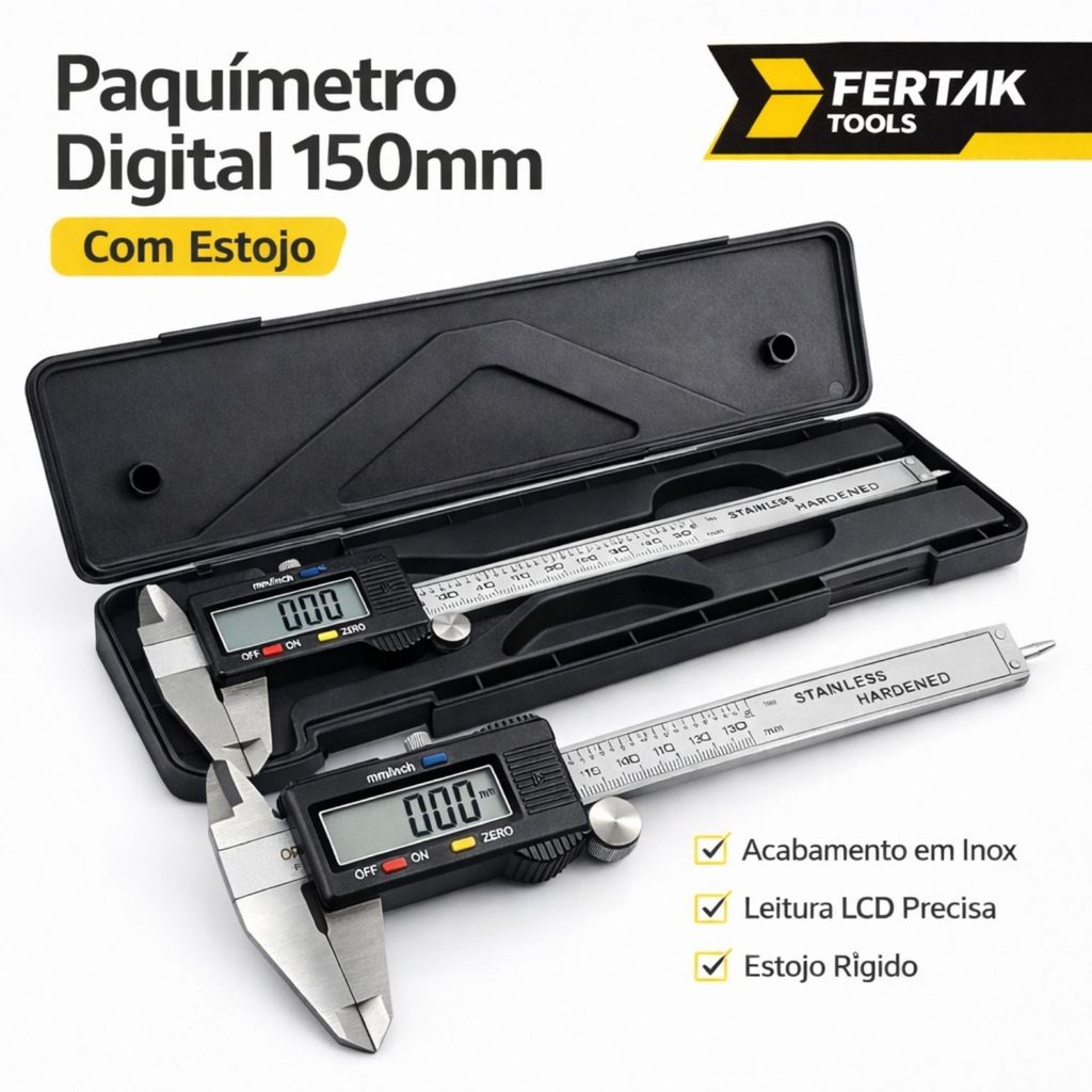 Paquímetro Digital Aço Inox 150mm LCD Profissional Com Estojo Medição em mm/inch Fertak